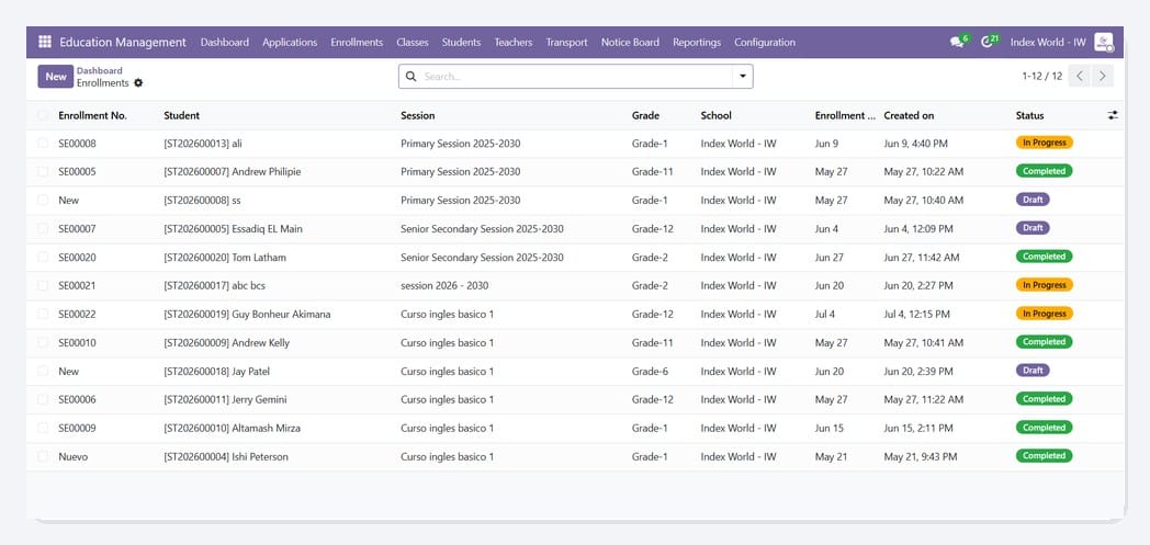 Student enrollment records in Index World education ERP, showing enrollment numbers, sessions, grades and status