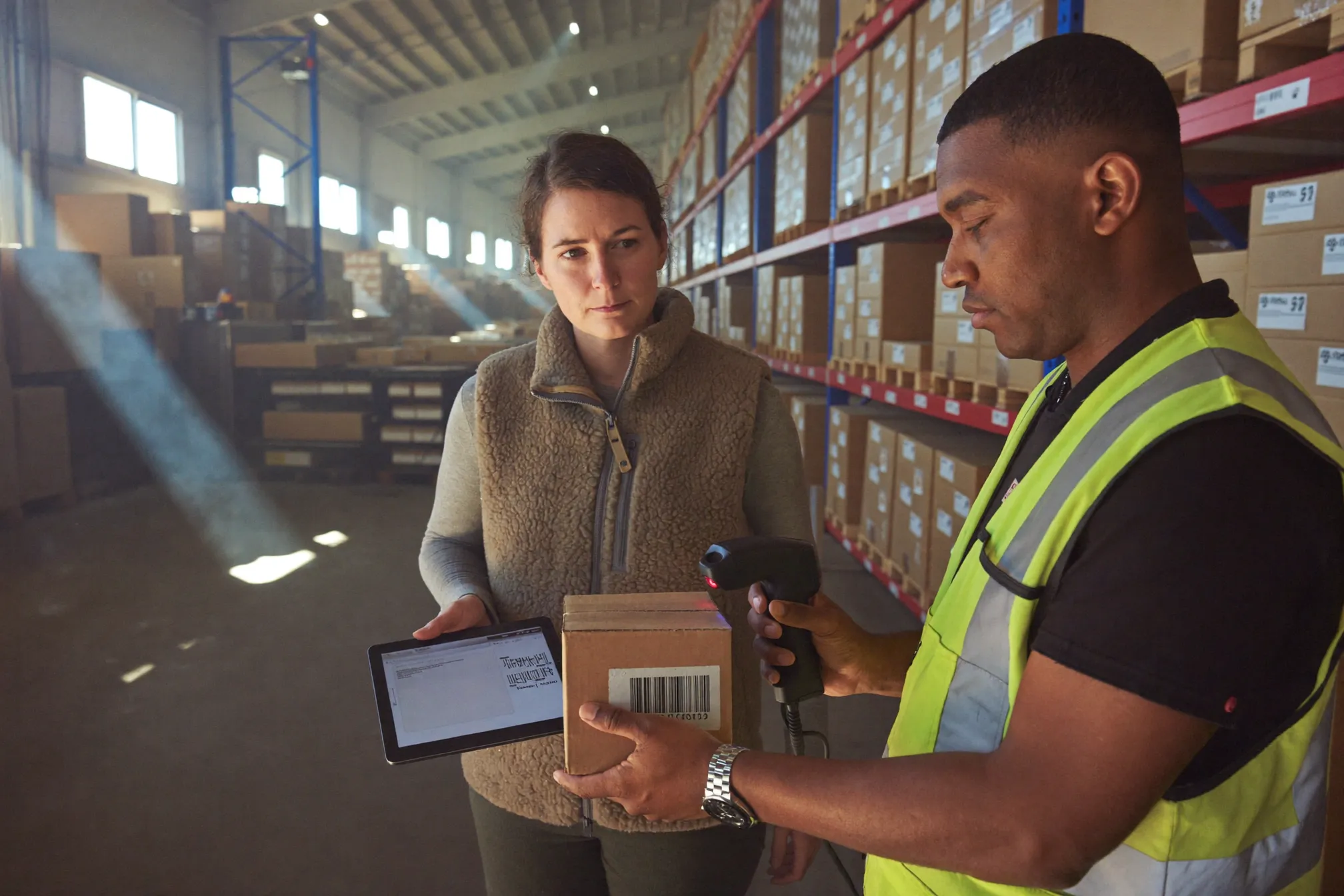 Warehouse operator scanning a lot coded case while a supervisor checks traceability records on a tablet