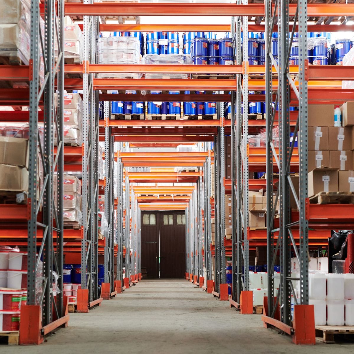 Racked and bin located warehouse holding lot controlled chemical stock