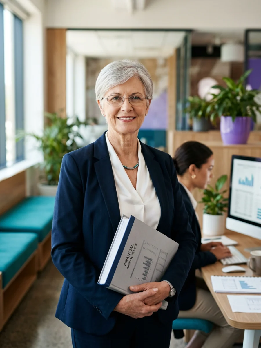 Senior CPA holding a financial review while a colleague works on reports behind her