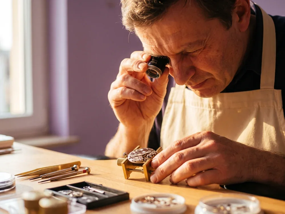 A watchmaker with a loupe examining a mechanical movement to work out what needs attention, a metaphor for discovery