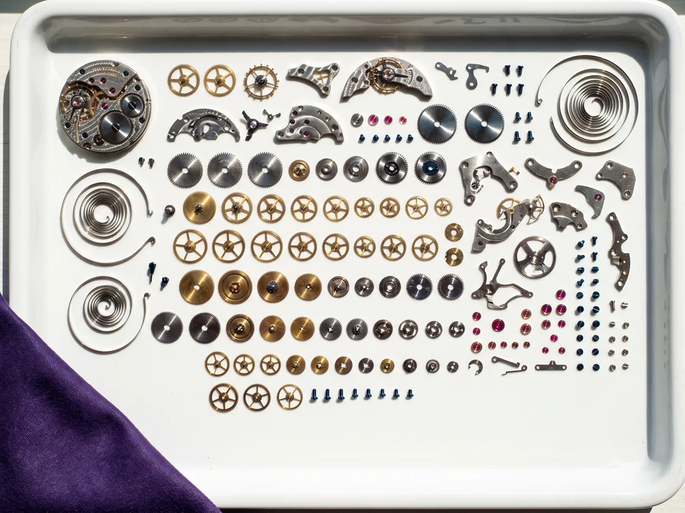 Every component of a watch movement laid out in ordered rows on a white tray, a metaphor for mapping a process end to end