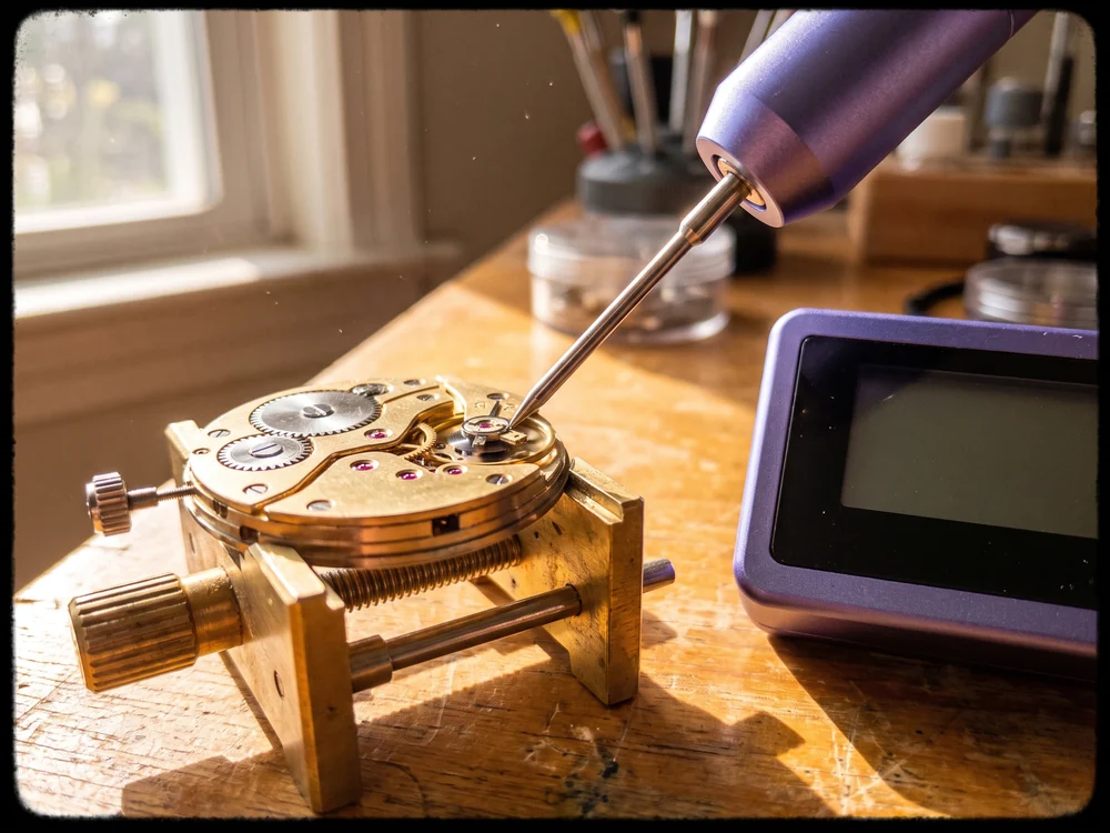 A finished movement clamped on a testing stand with a probe measuring how it runs, a metaphor for testing every rule before go-live