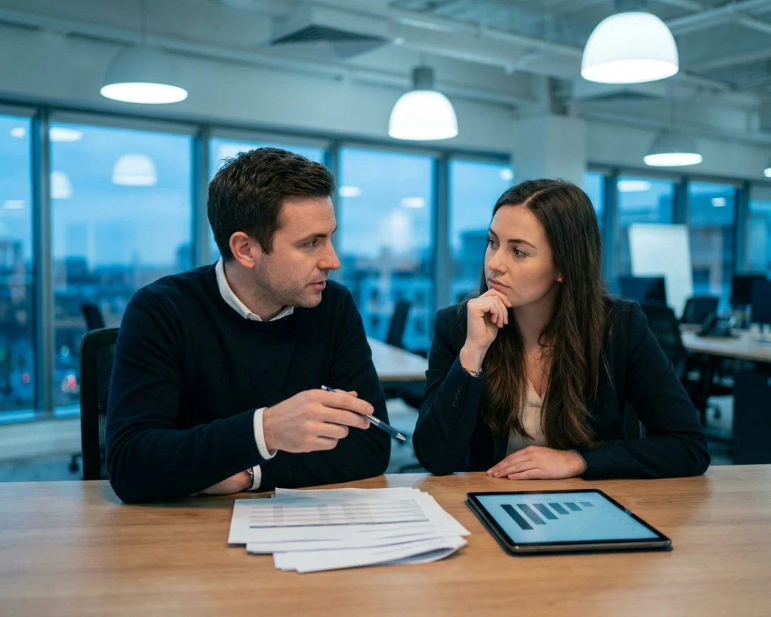 Two people pointing at itemized line items on an integration quote
