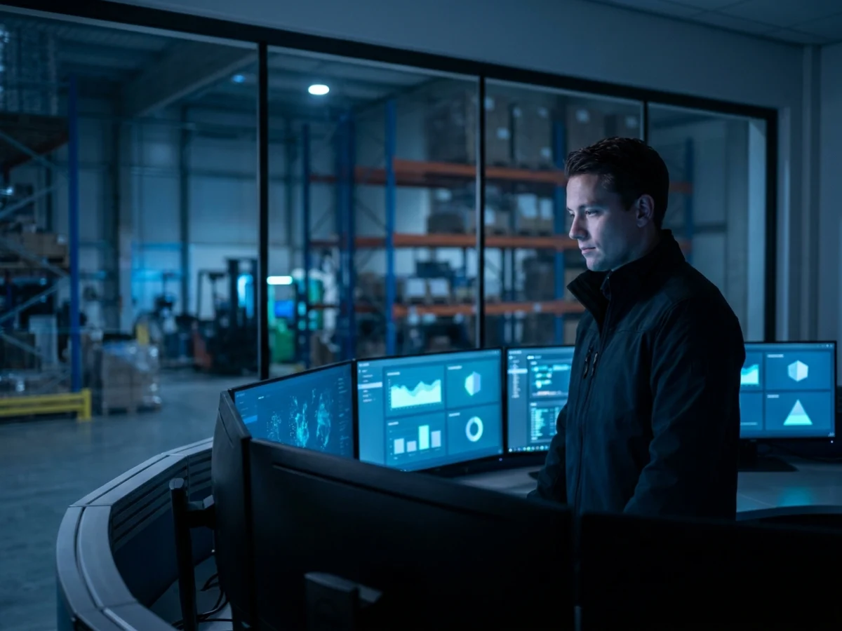 Operations manager with a tablet and warehouse worker scanning a package on an integrated ERP flow