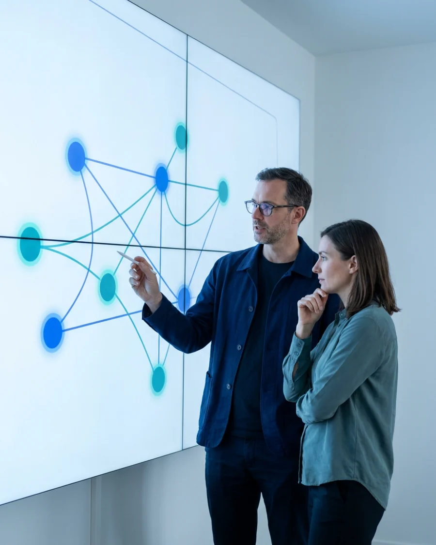 Reviewing a flowchart on a whiteboard while choosing an integration method