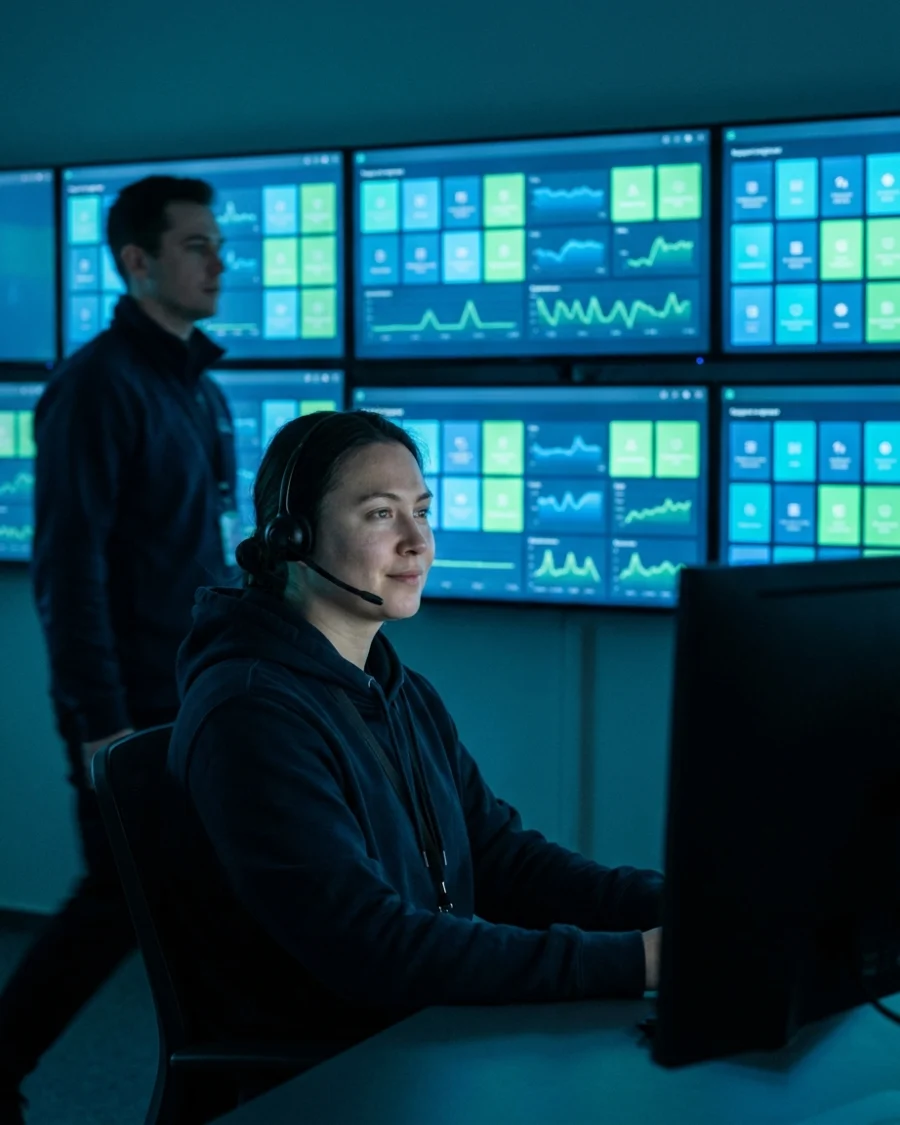 Two support agents with headsets reviewing a screen together