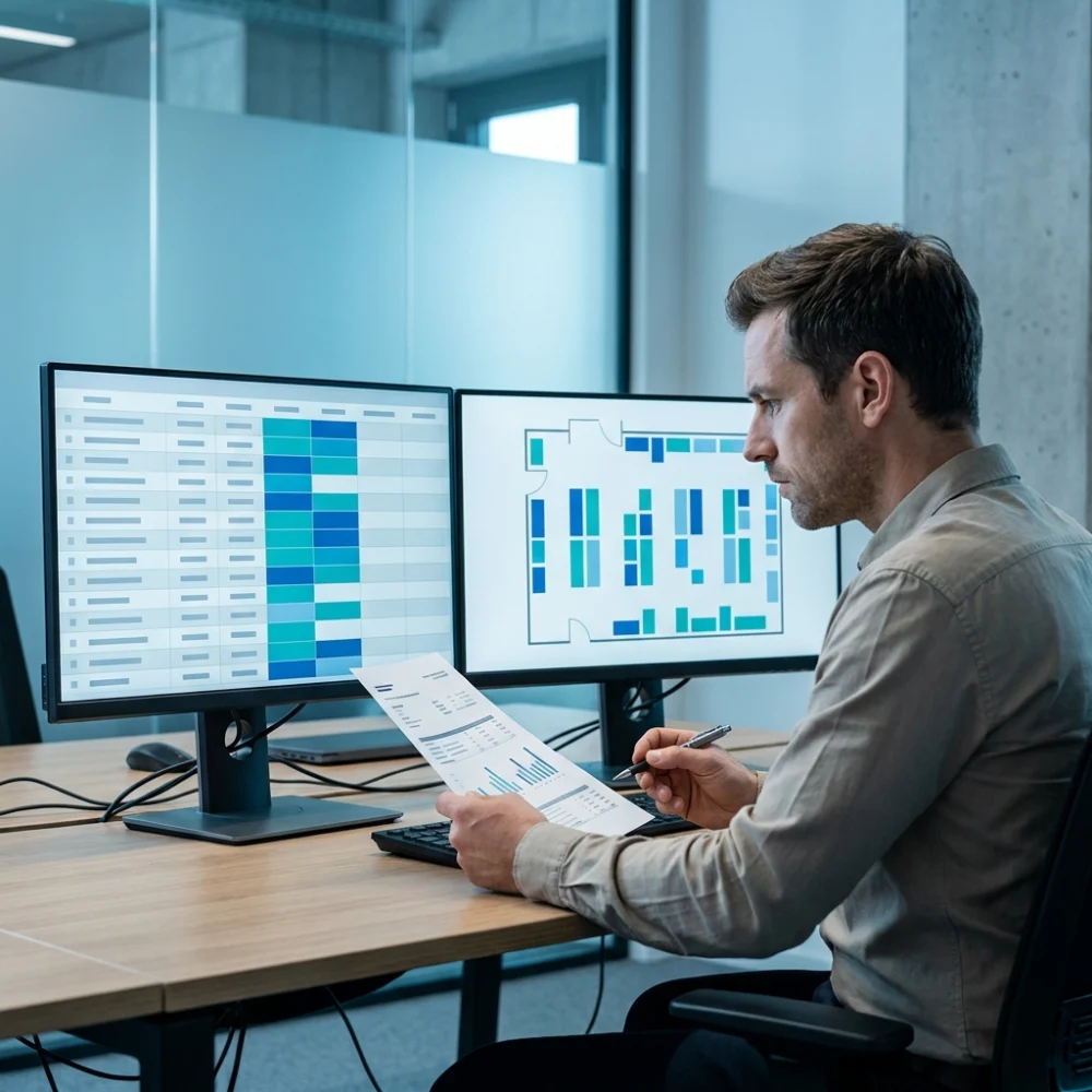 Two colleagues reviewing connected storefront and order dashboards with a parcel ready to ship