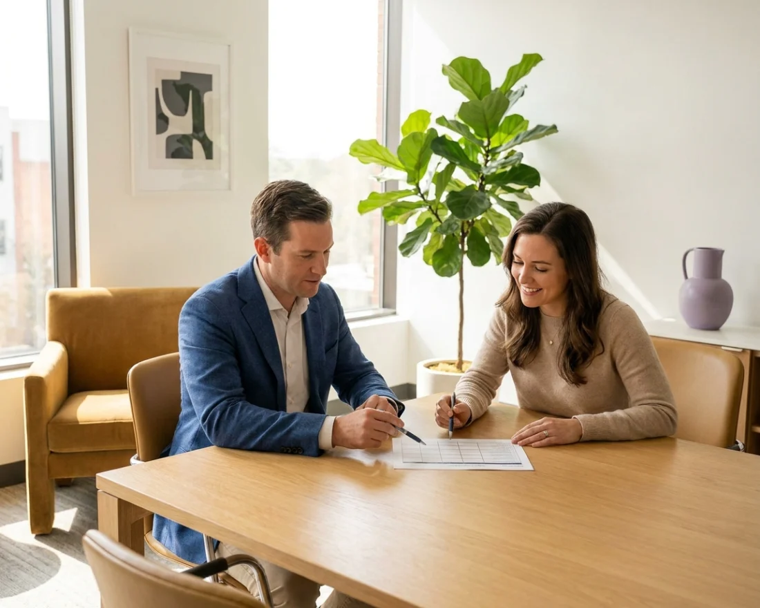 Consultant and client going over a fixed-fee pricing proposal