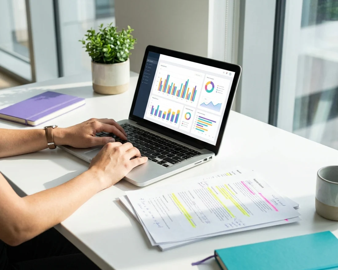 Consultant desk during a systems review with highlighted spreadsheets beside a laptop dashboard