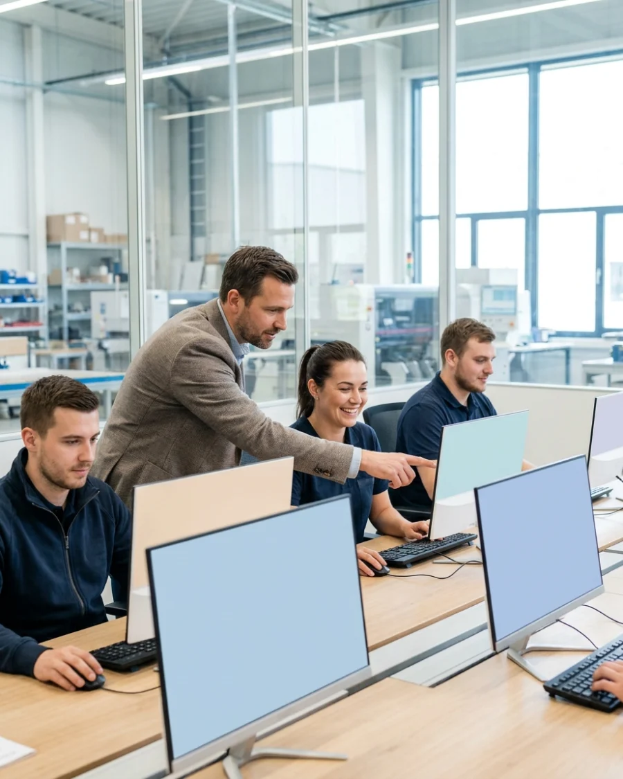 One colleague walking another through role-based ERP training at a shared screen