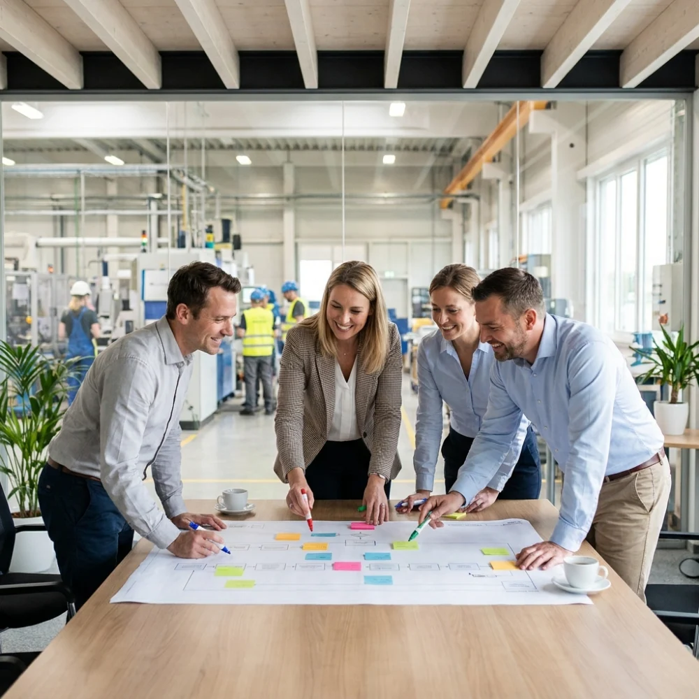 Hands annotating printed process diagrams and sticky notes during an ERP kickoff workshop