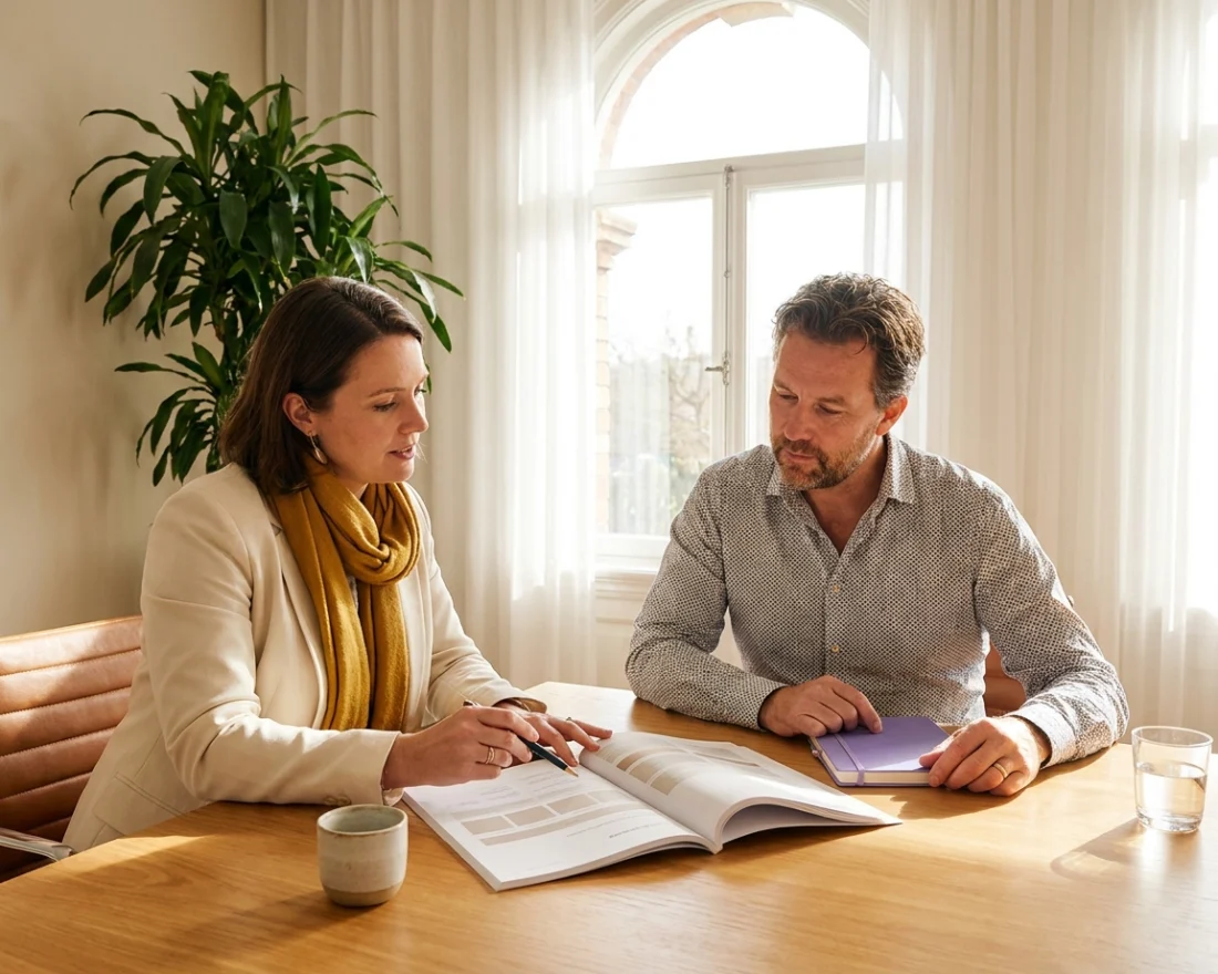 Accountant reviewing migration costs with a calculator, financial documents and a laptop