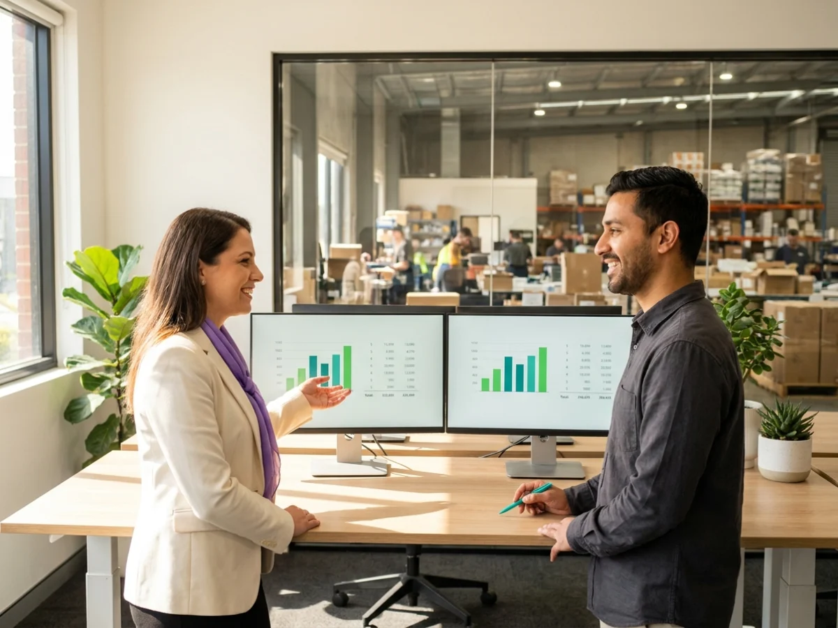 Accountant and data engineer reconciling a printed report against a migrated ERP spreadsheet