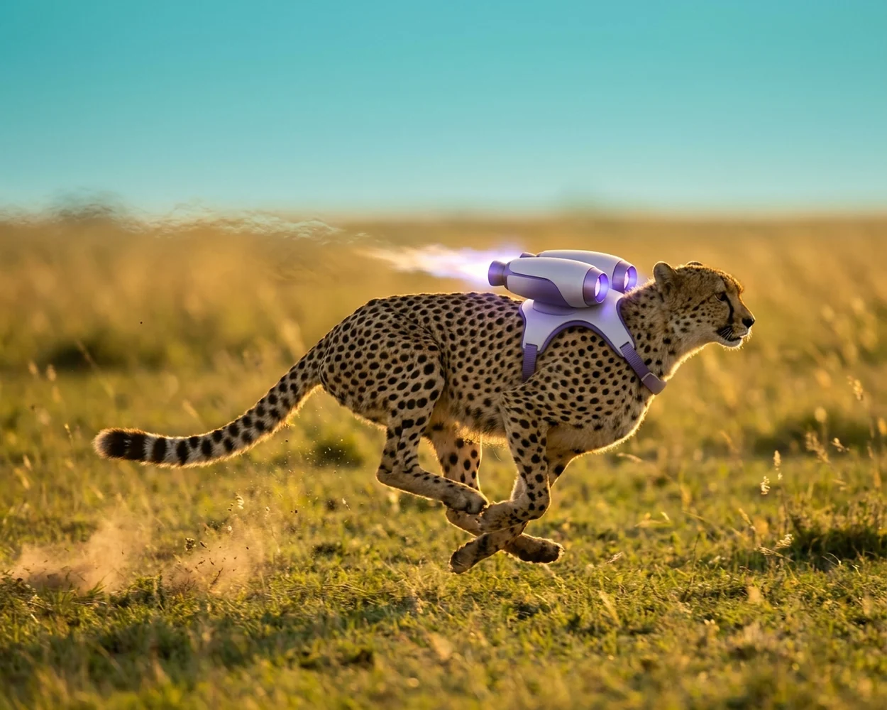 Cheetah sprinting across sunlit grassland wearing a sleek thruster harness, a metaphor for AI-accelerated Odoo development
