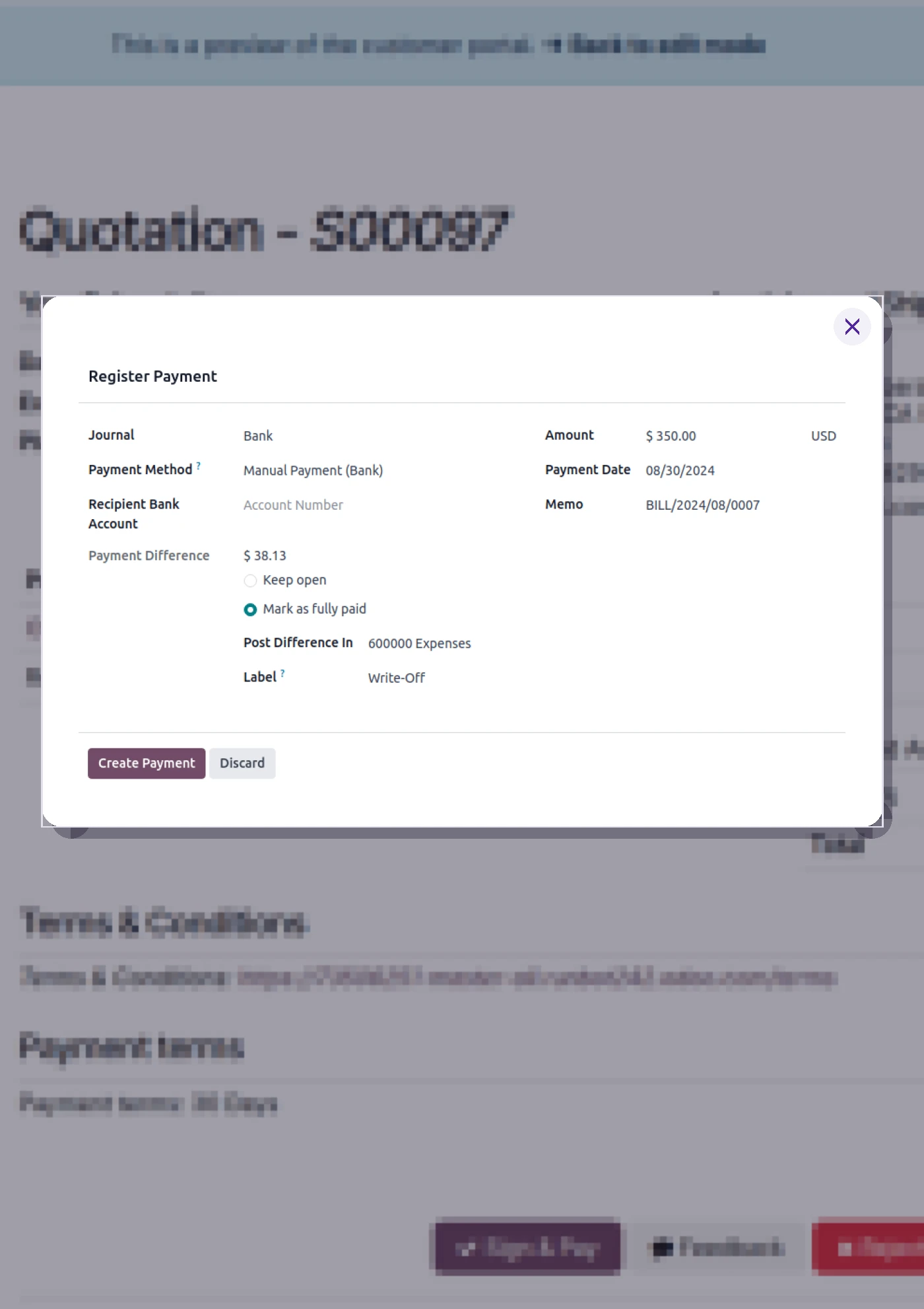 Odoo Register Payment form showing journal, amount, payment date and memo fields