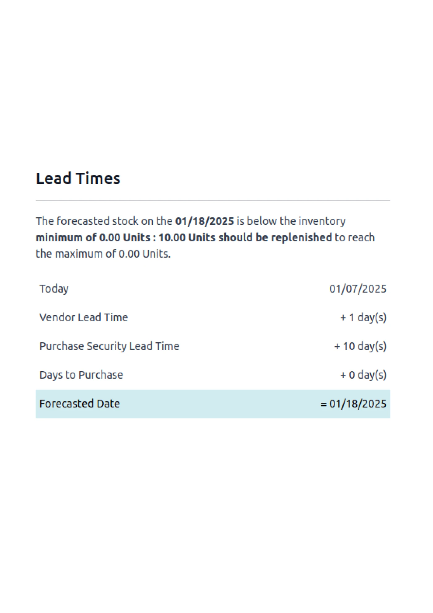 Odoo Lead Times panel showing forecasted replenishment date calculation
