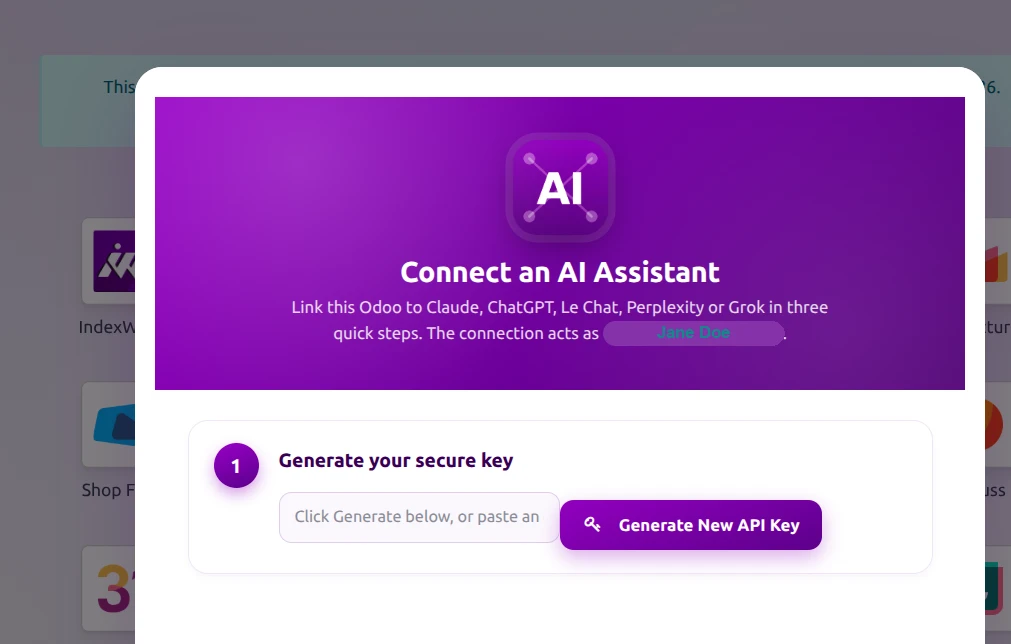 Connect an AI Assistant dialog inside Odoo, linking Claude, ChatGPT, Le Chat, Perplexity or Grok in three steps