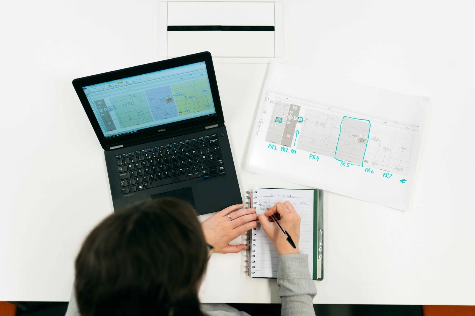 Hand annotating a printed process-flow diagram beside a laptop, reviewing the rule before it's automated