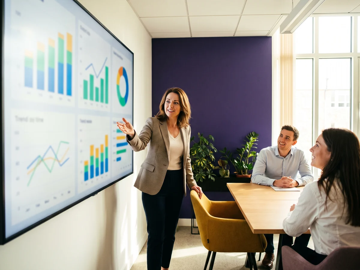 A finance lead presenting a colourful business intelligence dashboard on a large screen to two colleagues in a sunlit boardroom