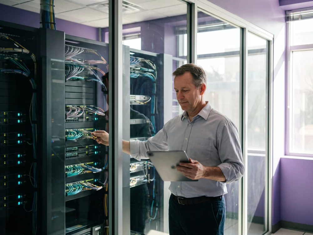 A systems administrator with a tablet checking a scoped read-only connection at a rack in a daylit glass-walled server room
