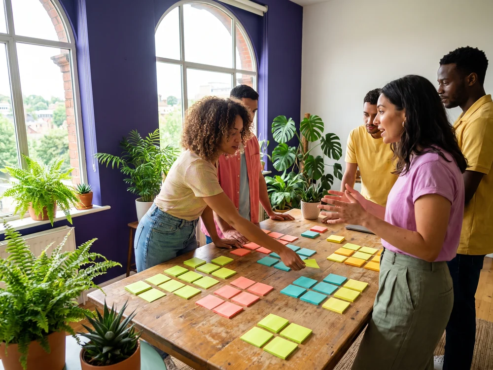 Four colleagues around a table arranging coloured sticky notes into groups, deciding which KPIs the dashboards should be built around