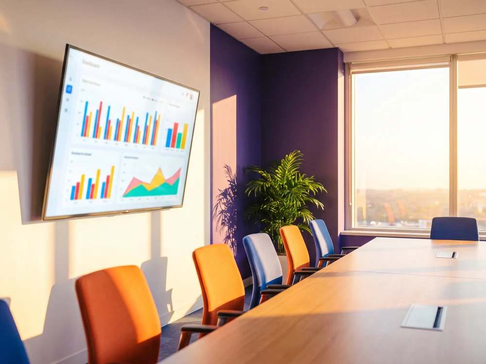 A wall screen showing a freshly refreshed dashboard in an empty sunlit meeting room before anyone has arrived