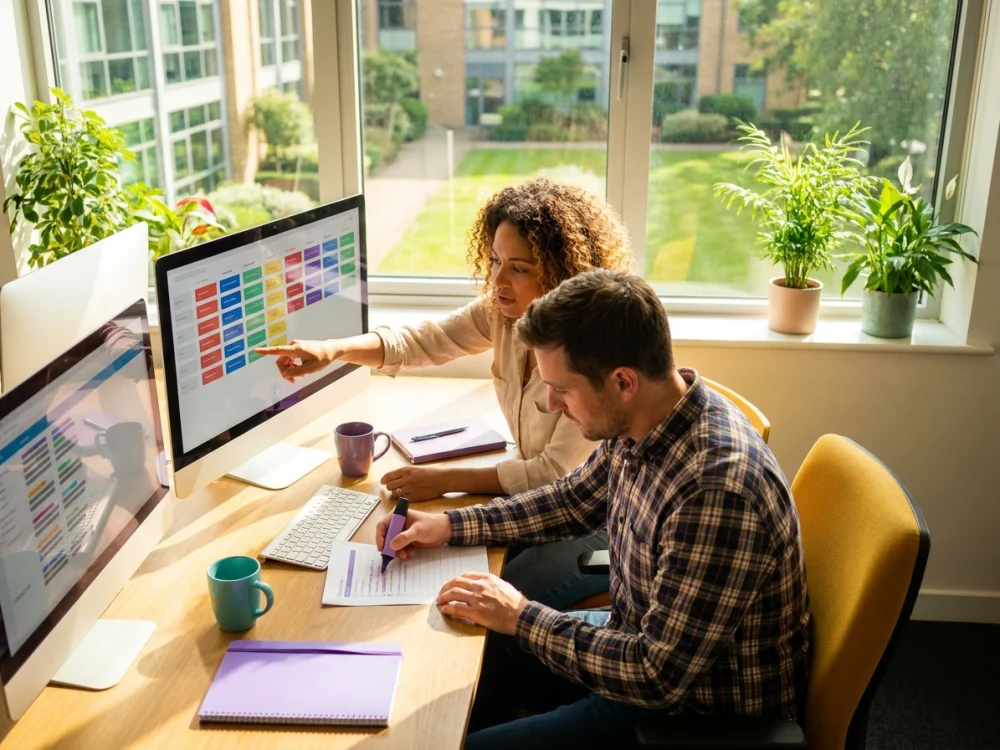 Coworkers reviewing a fit-gap requirements chart on laptops