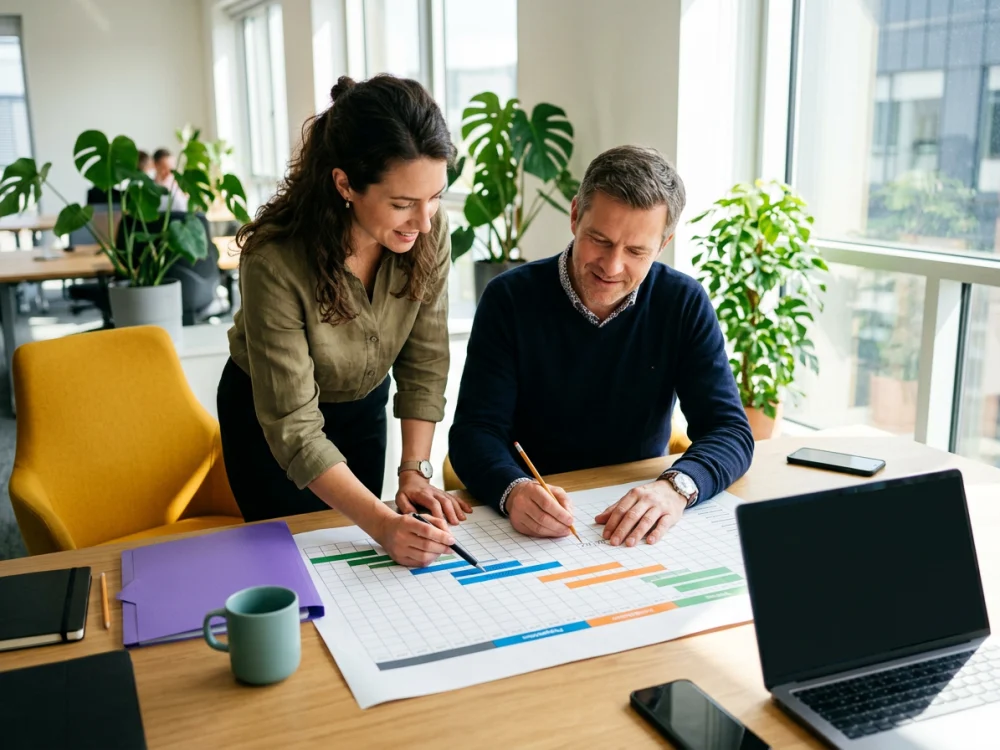 Two people reviewing a migration plan checklist document, overhead view