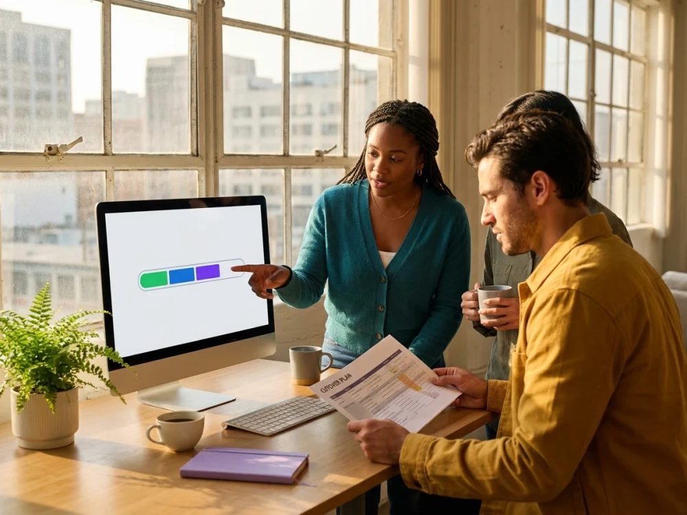 Two developers at dual monitors monitoring a deployment cutover