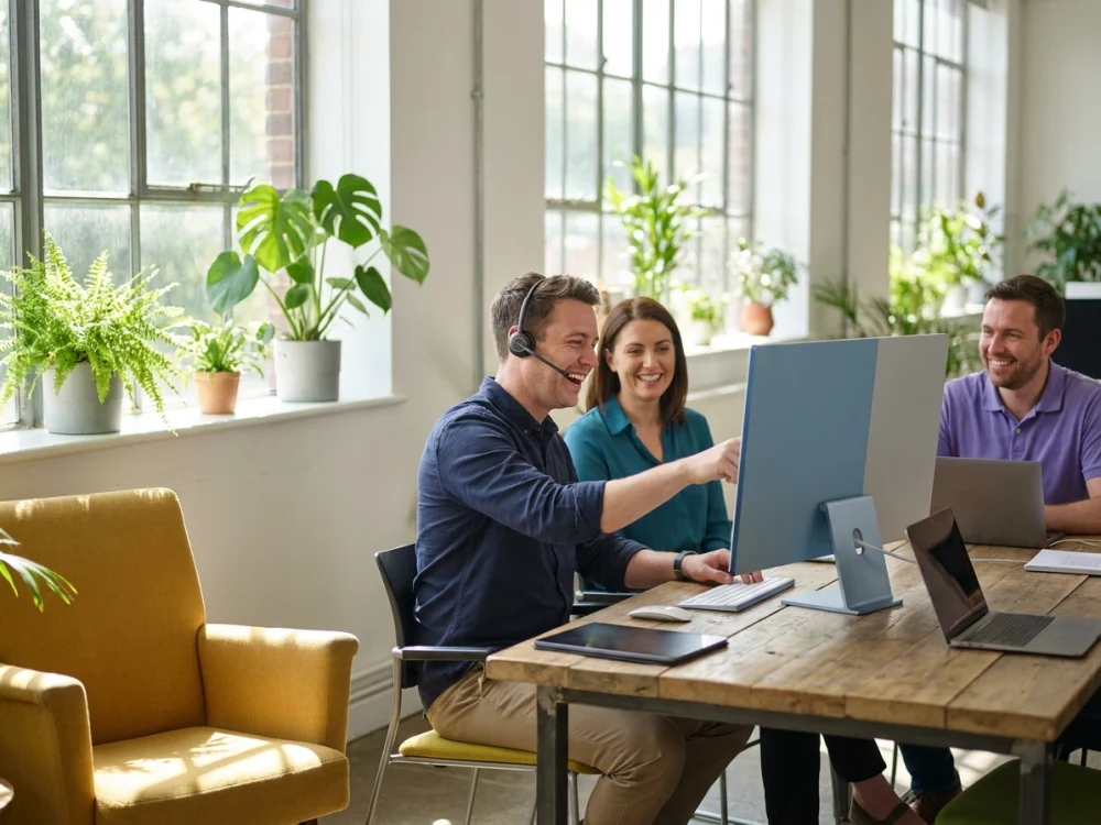 Support team with headsets and laptops working together in an office